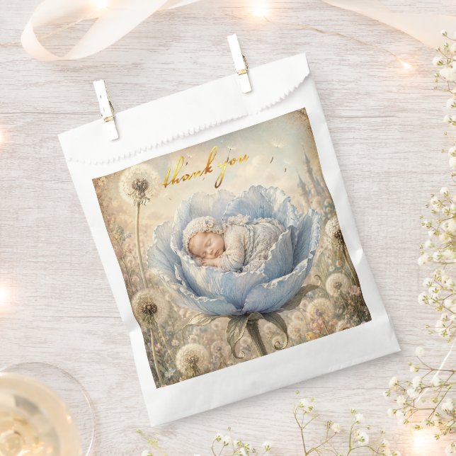Sachets En Papier Bébé endormi fleur bleue Merci (Coupé)