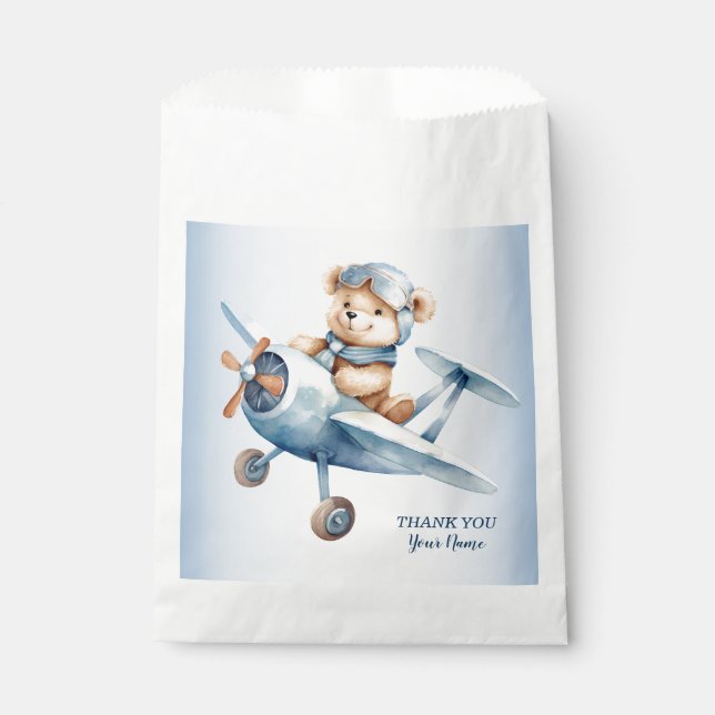 Sachets En Papier Bébé mignon Ours Pilote Avion Bleu Beau (Devant)