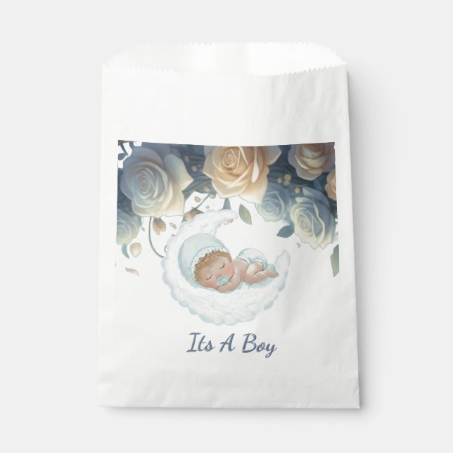 Sachets En Papier Bébé rêveur garçon Lune et fleurs (Devant)