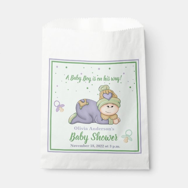 Sachets En Papier Bébé Snuggle - Baby shower vert & violet (Devant)