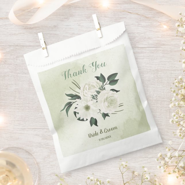 Sachets En Papier Belles fleurs blanches feuilles vertes mariage (Coupé)