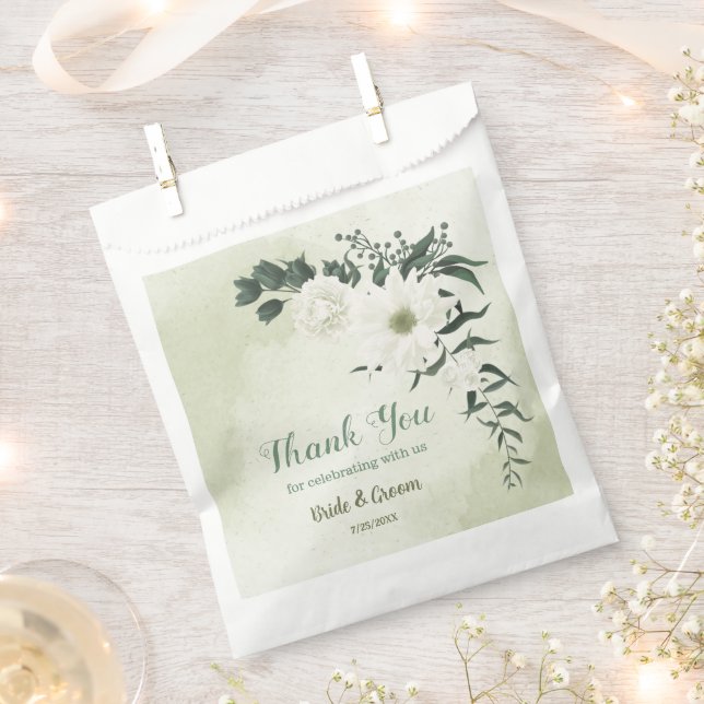 Sachets En Papier Belles fleurs blanches feuilles vertes mariage (Coupé)