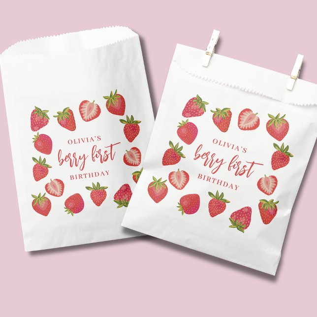Sachets En Papier Berry First Girls fraise Anniversaire personnalisé (Personalised Berry First Strawberry Birthday favor bag, ideal for girls birthday part)