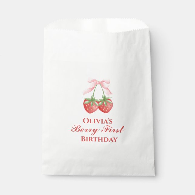 Sachets En Papier Berry premier anniversaire de fraise Bow rose (Devant)