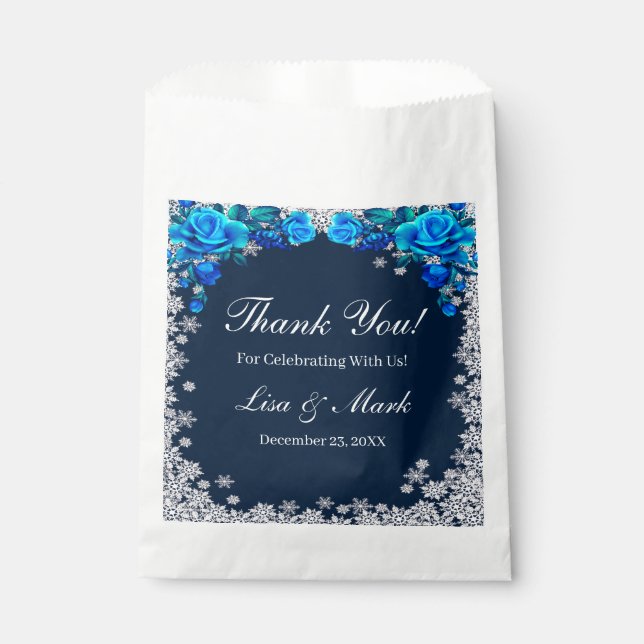 Sachets En Papier Bleu clair Roses Snowflake Mariage de Noël (Devant)