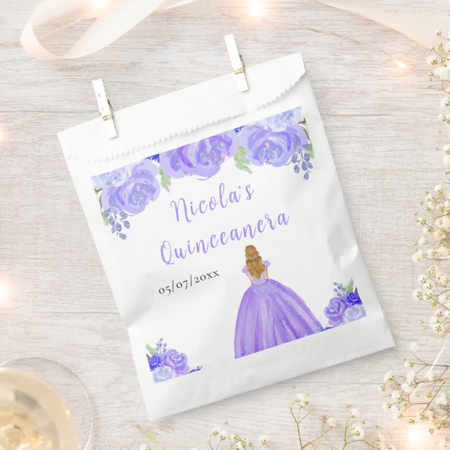 Sachets En Papier Blonde Hair Princess Purple Floral Quinceanera (Coupé)