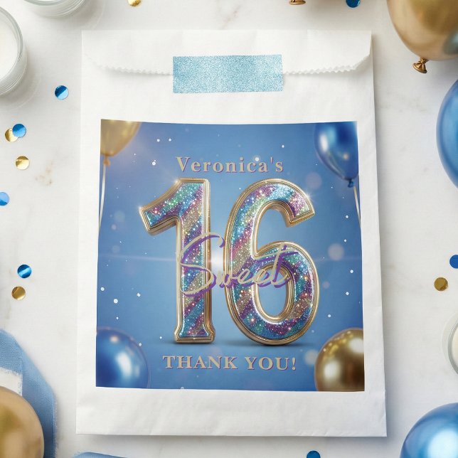 Sachets En Papier Blue and Gold Glitter Balloons Sweet 16 Thank You (Créateur téléchargé)