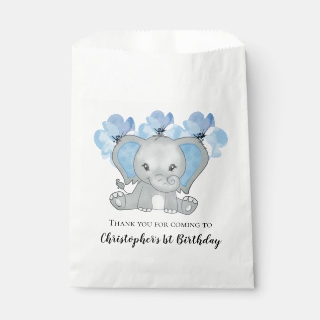Sachets En Papier Blue Baby Boy Elephant Fleurs 1er anniversaire (Devant)