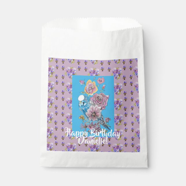 Sachets En Papier Blue Budgie Aquarelle florale Filles Favoriser les (Devant)