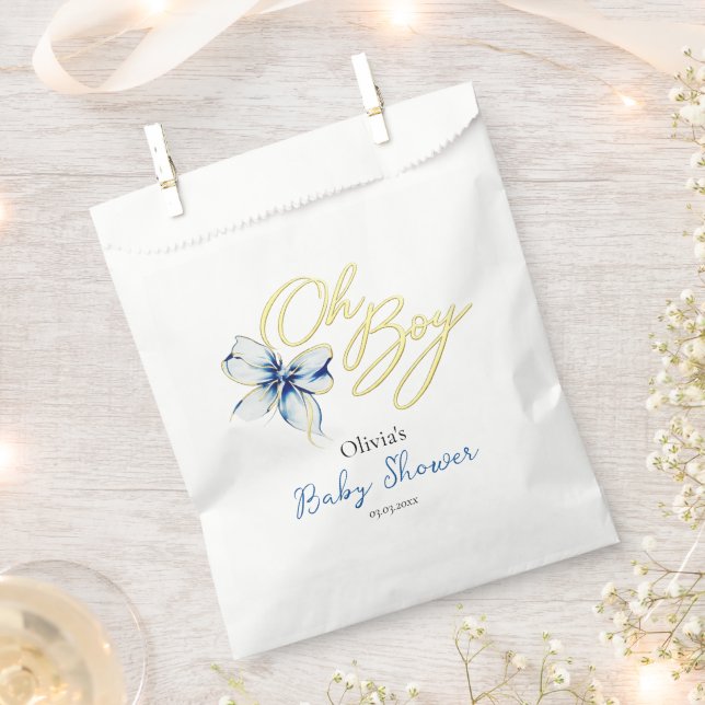 Sachets En Papier Blue & Gold “Oh Boy” Floral Typography Baby Shower (Coupé)