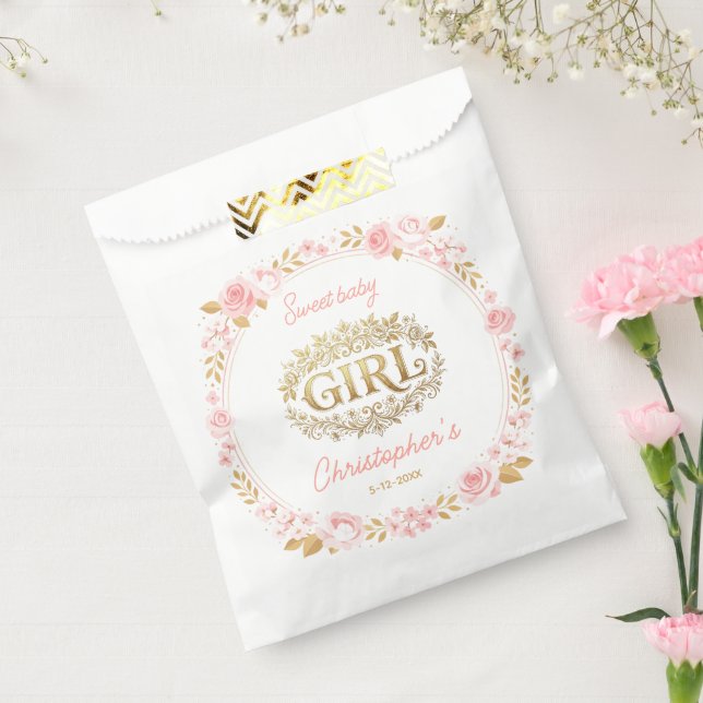 Sachets En Papier Blush Pink & Gold Floral Girl Baby Shower (Scellé)