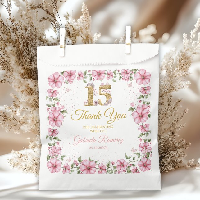 Sachets En Papier Blush Pink Golden Mis Quince Quinceañera  (Créateur téléchargé)