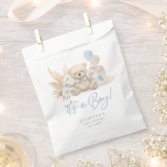 Sachets En Papier Boho Teddy Bear Boy Blue Bearly Wait Baby shower (Coupé)
