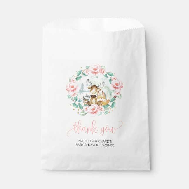 Sachets En Papier Bois Baby shower de verdure fleurie Merci (Devant)