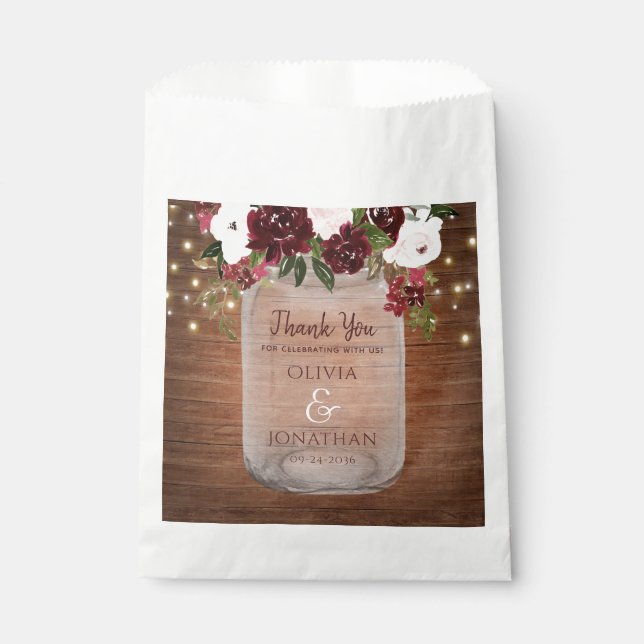 Sachets En Papier Bois rustique Bourgogne Floral Mason Jar Mariage (Devant)