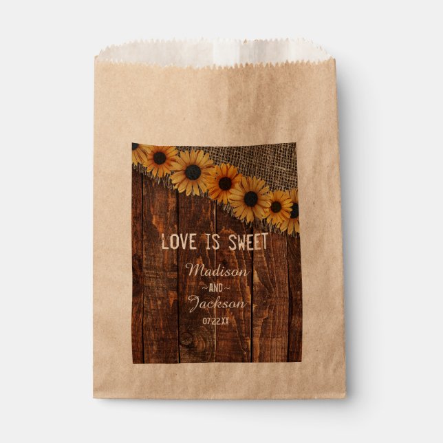 Sachets En Papier Bois rustique Burlap Tournesol Mariage L'amour est (Devant)