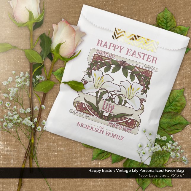 Sachets En Papier Bonne Pâques : Vintage Lily Personnalisée (Happy Easter Favor Bag: Vintage Lily Design Personalized with Your Name.
)