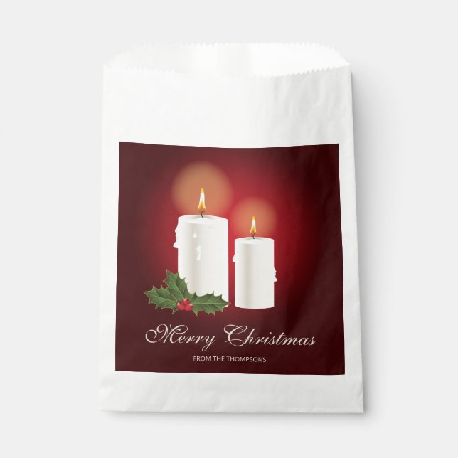 Sachets En Papier Bougies de Noël blanches sur fond rouge avec texte (Devant)