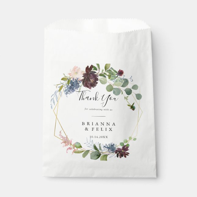 Sachets En Papier Bourgogne Floral et Merci vert Mariage (Devant)