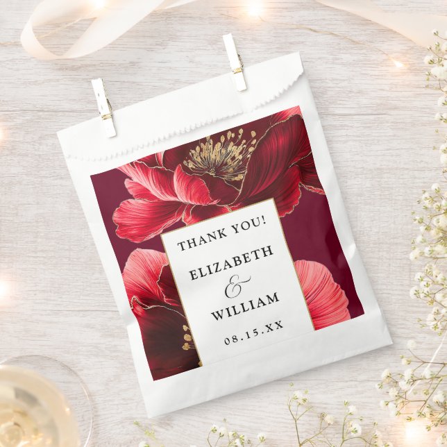 Sachets En Papier Bourgogne Rouge et or Mariage Floral Merci (Coupé)