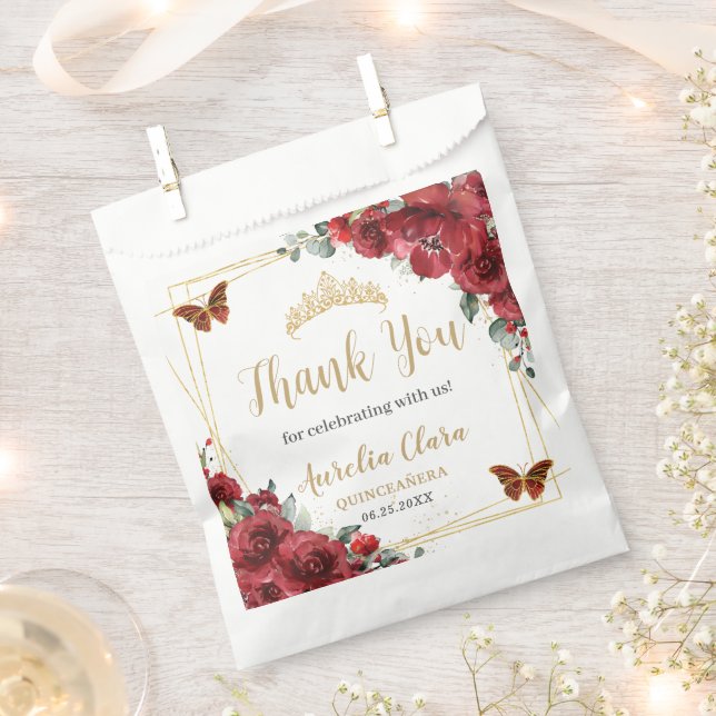 Sachets En Papier Boutons d'or Floral Rouge Budget Quinceanera XV (Coupé)