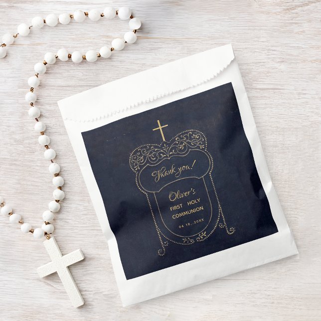 Sachets En Papier Boy First Communion Marine Croix Bleue Script Vint (Créateur téléchargé)