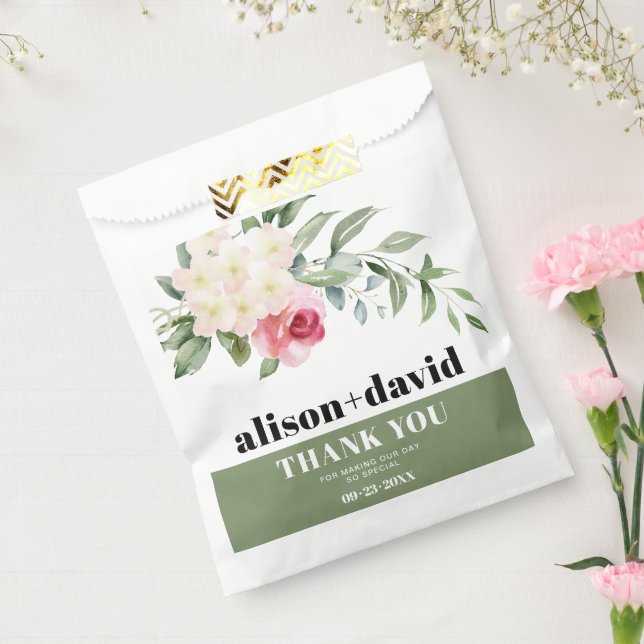 Sachets En Papier Branche, fleurs blanches vertes rose rose mariage (Scellé)