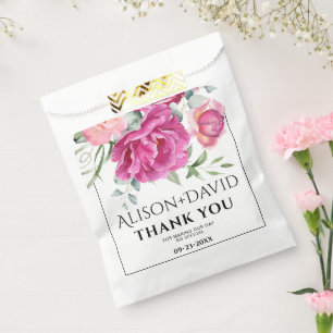 Sachets En Papier Branches rose rose fleurs et typographie mariage