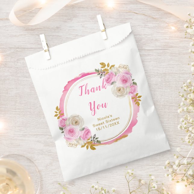 Sachets En Papier Bright Pink and Gold Elegant Flowers Sweet Sixteen (Coupé)