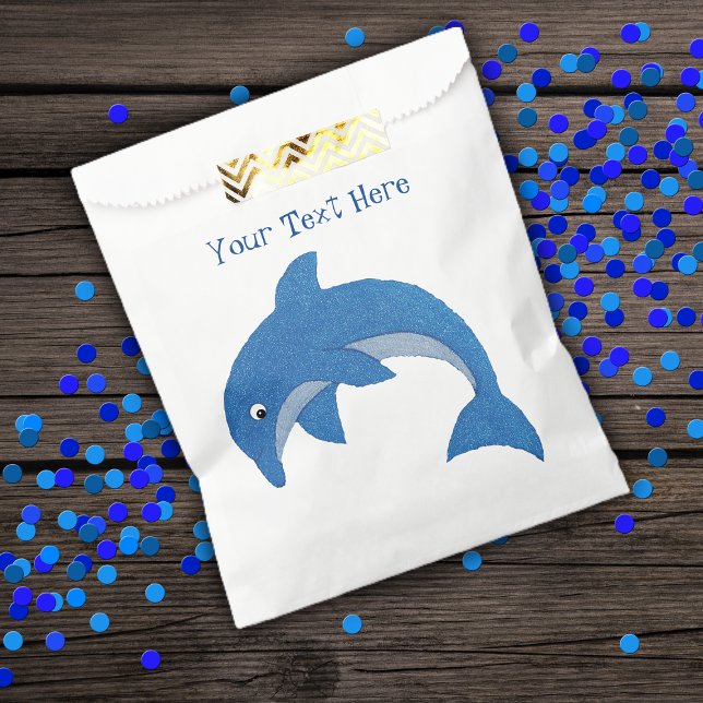 Sachets En Papier Bright Sparkle Blue Jumin Dolphin Anniversaire (Bright blue sparkle like ocean dolphin in jumping position on kids party favor bags.)