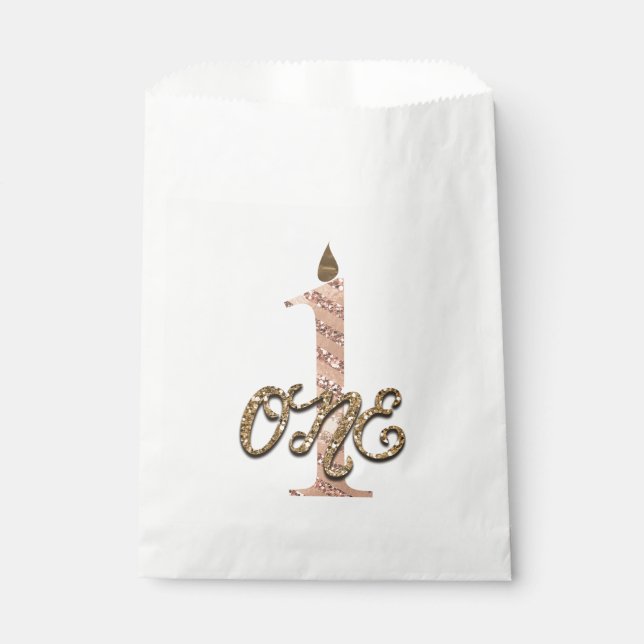 Sachets En Papier Bronze Pois Rose Or ONE 1 1er anniversaire (Devant)