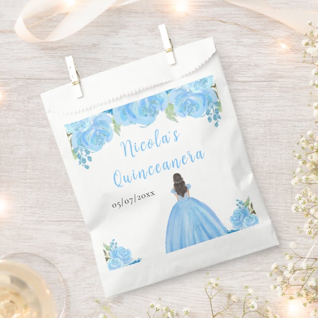 Sachets En Papier Brown Hair Princess Blue Floral Quinceanera (Coupé)