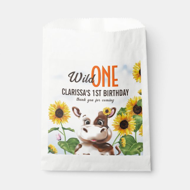 Sachets En Papier Brown vache tournesol fille premier anniversaire (Devant)