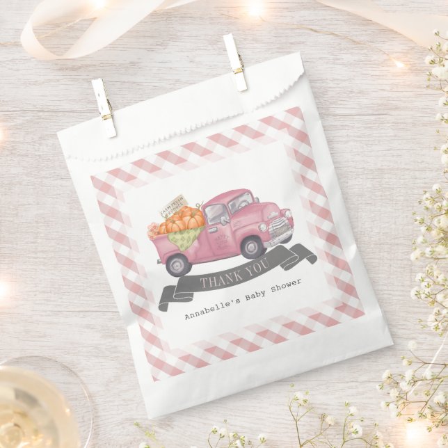 Sachets En Papier Camion Citrouille rose En vichy Baby shower fille (Coupé)