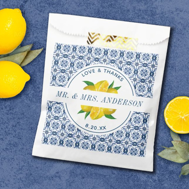 Sachets En Papier Carrelage bleu italien Mariage citron Favoriser Sa (Créateur téléchargé)