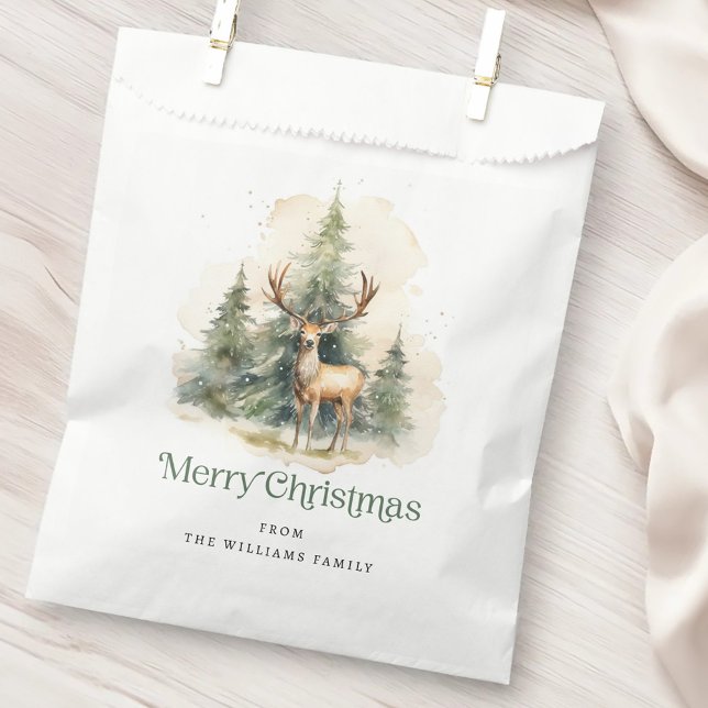 Sachets En Papier Cerf et sapins de Noël Joyeux Noël nom (Stag and Christmas trees Merry Christmas name Favor Bag)