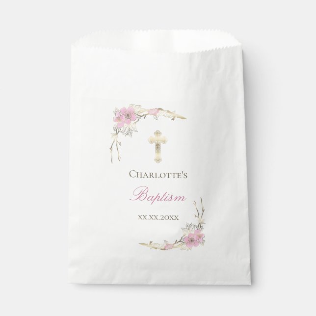 Sachets En Papier cerisier fleur catholique fille Baptême (Devant)