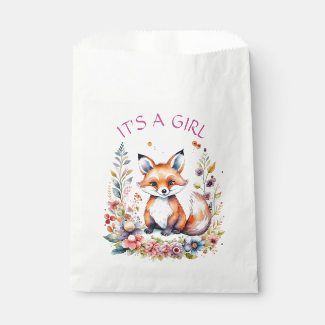Sachets En Papier C'est une fille | Baby Fox et Baby shower de fleur (Devant)
