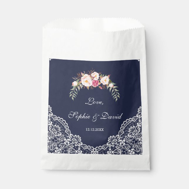 Sachets En Papier Charm Blush rose Fleurs dentelle Mariage Marine (Devant)