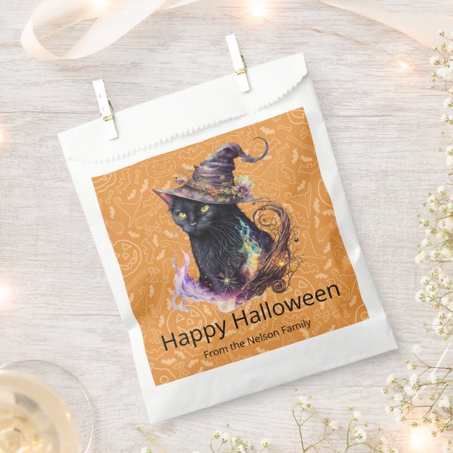 Sachets En Papier Chat noir dans le chapeau de sorcière Orange Joyeu (Coupé)