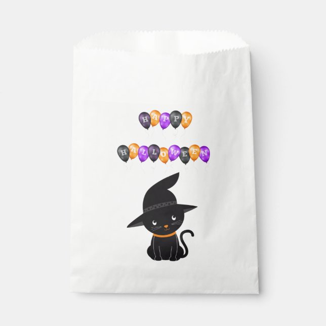 Sachets En Papier Chat noir Joyeux Ballons d'Halloween (Devant)