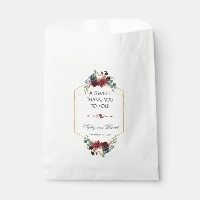 Sachets En Papier Chic Burgundy Navy Blue Floral Mariage MERCI (Devant)