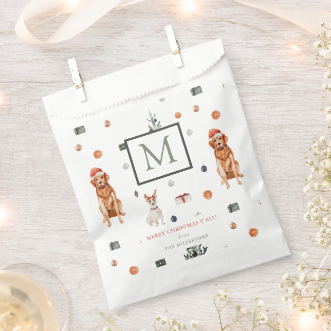 Sachets En Papier Chiens & Cadeaux Joyeux Noël Monogramme (Coupé)