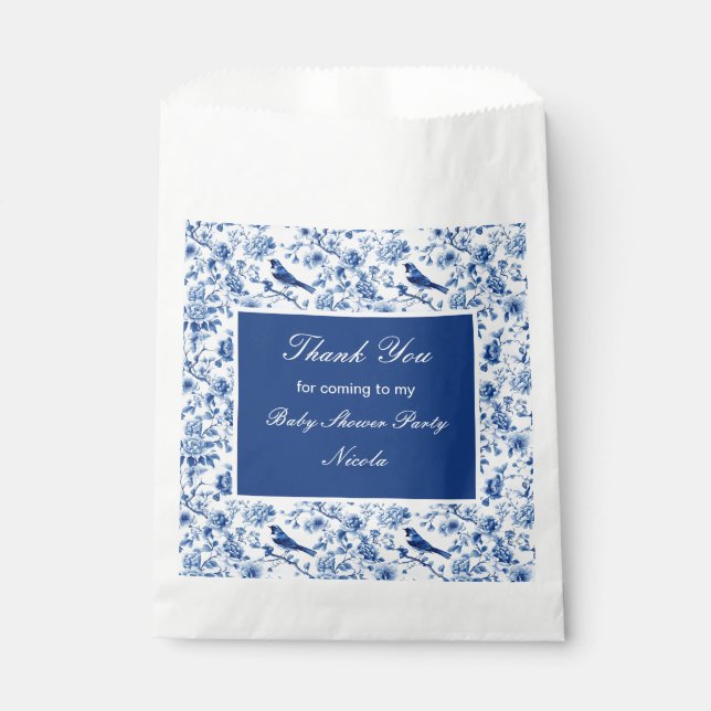 Sachets En Papier Chinoiserie Baby shower des oiseaux et fleurs bleu (Devant)