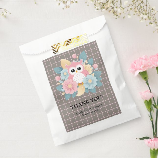 Sachets En Papier Chouette rose moderne Baby shower Floral & Grille (Scellé)