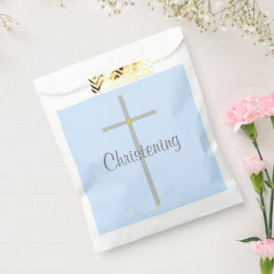 Sachets En Papier Christening Garçon Bleu clair Croix argent Favoris