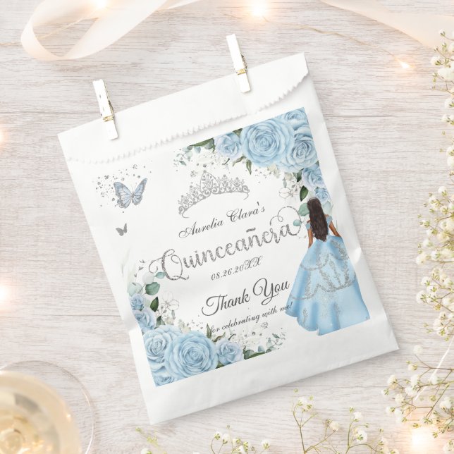 Sachets En Papier Ciel bleu Floral Princesse Robe Argent Quinceañera (Coupé)