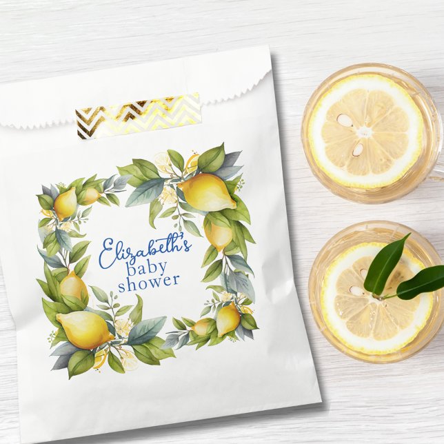 Sachets En Papier Citron jaune Carrelage bleu Baby shower citron (Yellow Lemons Blue Tile Lemon Baby Shower Favor Bag)