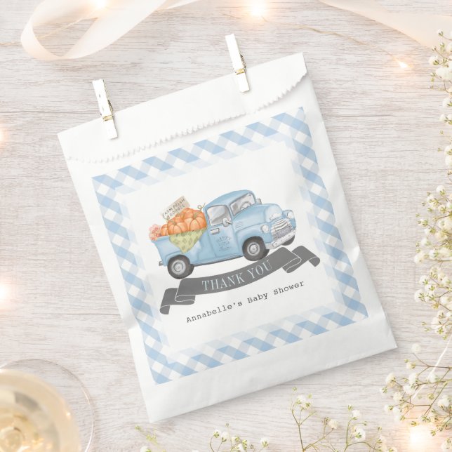 Sachets En Papier Citrouille bleu Camion En vichy Baby shower garçon (Coupé)