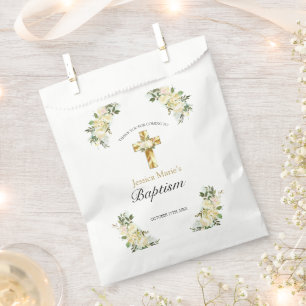 Sachets En Papier Classic Floral Gold Cross Baptism Merci